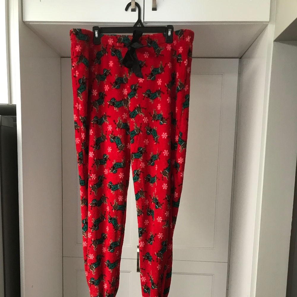Dacshund Pajama PJ Lounge Pants with Dog Feet Women’s XL Festive Red Fleece